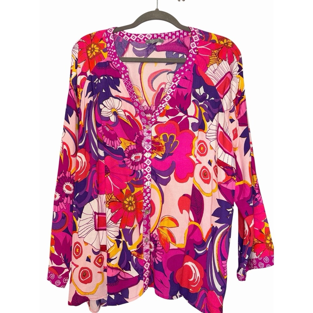 Habitat For Humanity XXL Pink Floral Button Down Long Sleeve Artsy Lightweight
